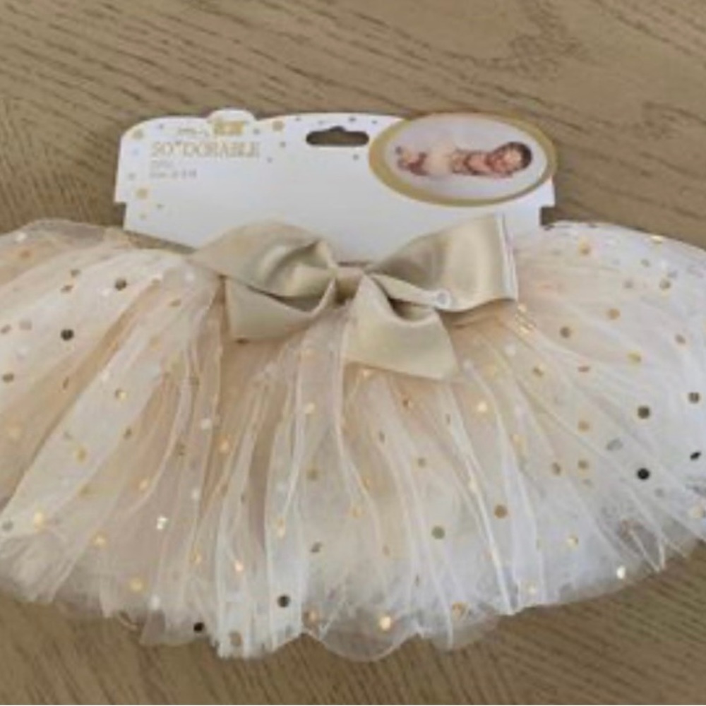 Infant Tutu Cream with gold confetti dots, sparkle gold elastic waist Size 0-3M